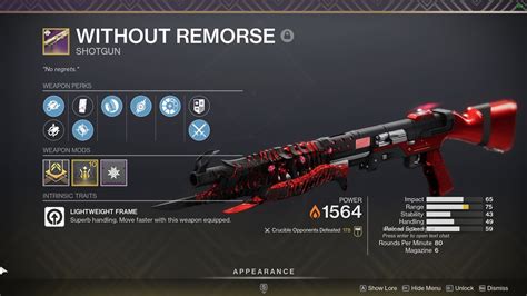 Learn how to get Without <b>Remorse</b> from <b>Destiny</b> <b>2</b>, find PVE and PVP god rolls, perk pools, lore entries, and more!. . Destiny 2 without remorse
